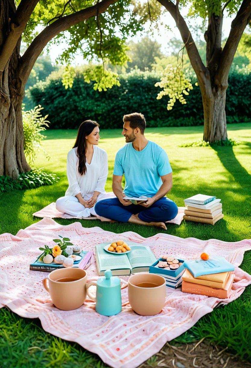 A serene, cozy setting with a couple enjoying a picnic in a lush garden, surrounded by wellness items like yoga mats and herbal teas. Warm sunlight filters through the trees, casting soft shadows on the grass, representing harmony between romance and wellness. Include elements like heart-shaped stones and a stack of wellness books nearby. Soft pastel colors. painting.
