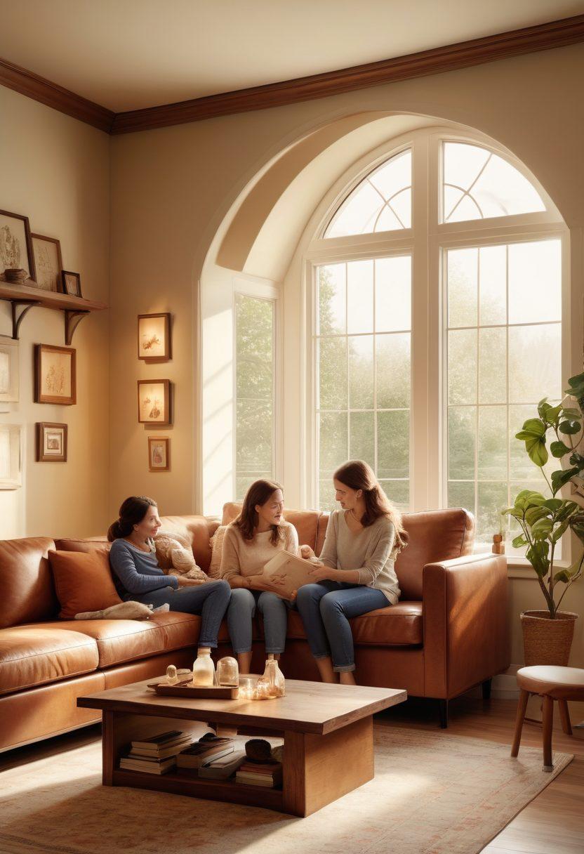 A serene family moment in a cozy living room, showcasing parents interacting joyfully with their children, surrounded by symbols of health and happiness like a first aid kit and a framed family photo. The warm sunlight streaming through the windows emphasizes a safe and loving atmosphere, with gentle reminders of insurance protection subtly integrated, like a shield motif in the background. super-realistic. warm colors. soft lighting.