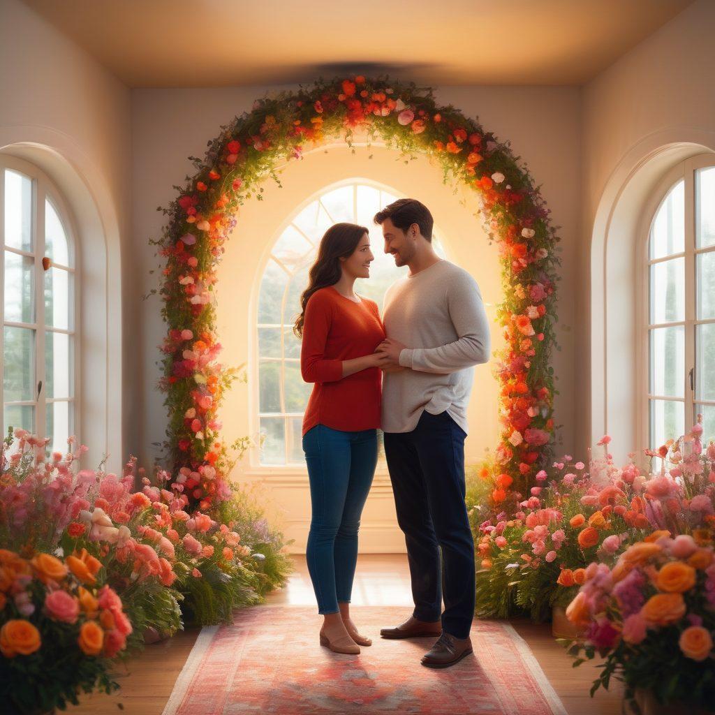 A serene couple holding hands, surrounded by symbols of love such as hearts and flowers, with a shield representing insurance and wellness in the background. The atmosphere exudes harmony and connection, with warm, inviting colors. Include elements that signify care and protection in relationships, like a cozy home setting or intertwined vines. vibrant colors. soft focus.